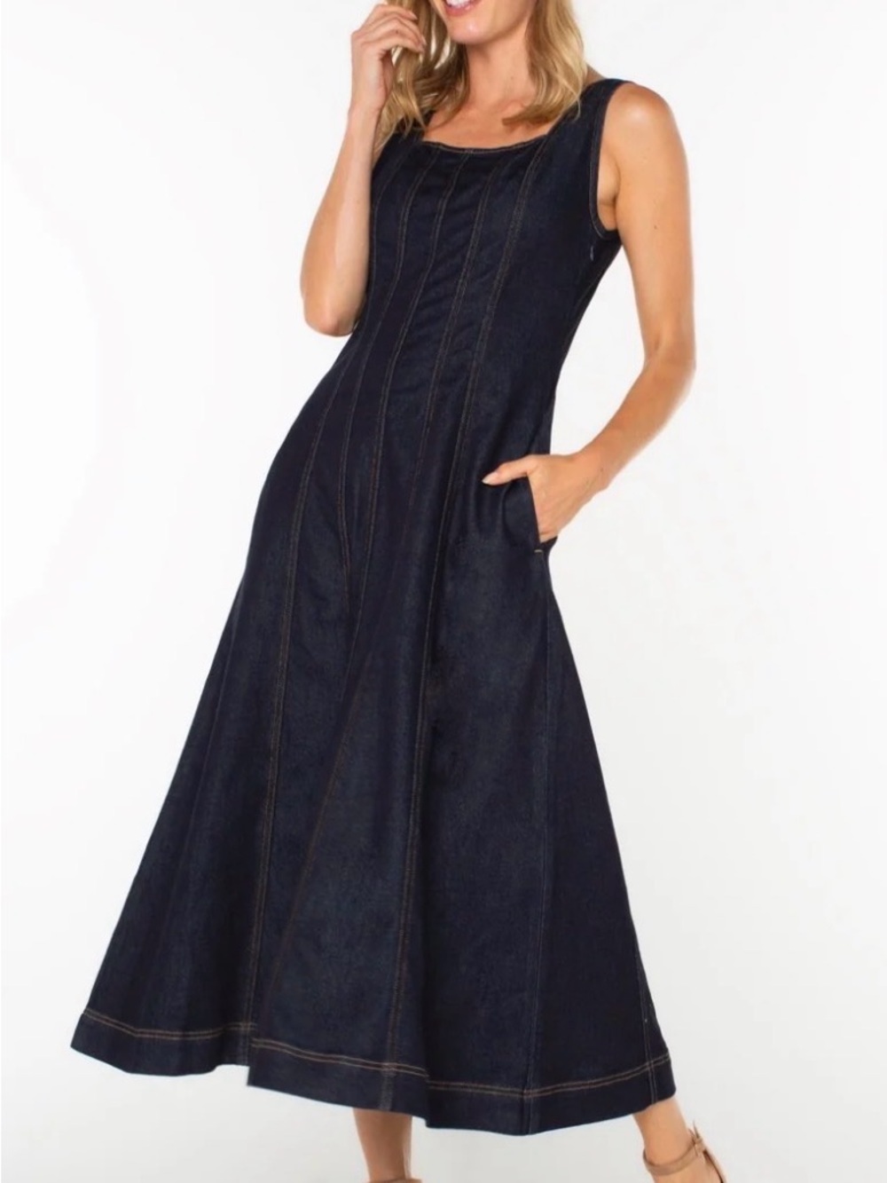 Liverpool Navy Denim Midi Dress with Contrast Stitching